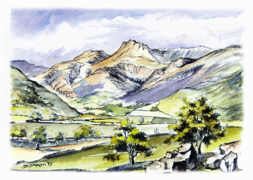 Langdale Pikes watercolour postcards