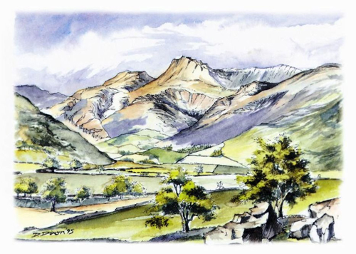 Langdale Pikes watercolour postcards