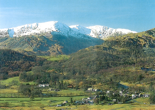 Elterwater Village, with Wetherlam in snow Postcards